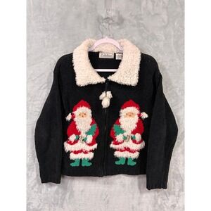 BellePointe Vintage Santa Full Zip Cardigan Sweater Womens S Black Sherpa Trim
